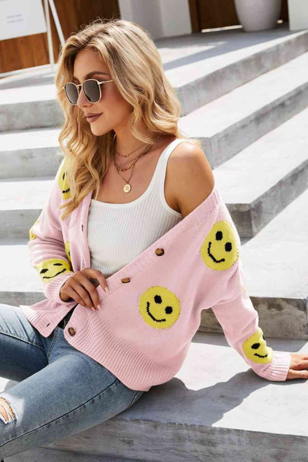 Smiley Face Ribbed Trim Cardigan | AdoreStarr