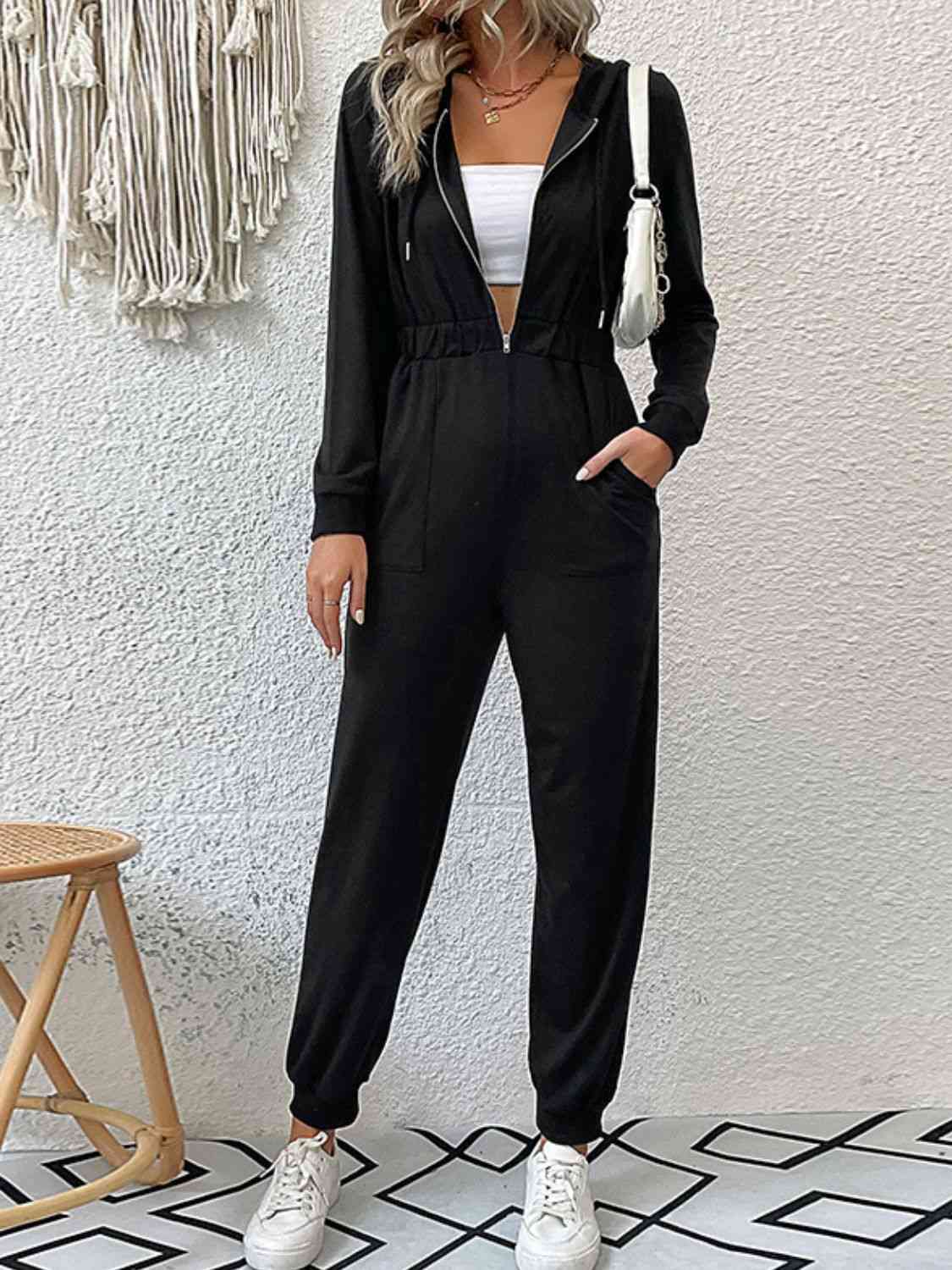 Zip Up Elastic Waist Hooded Jogger Jumpsuit | AdoreStarr