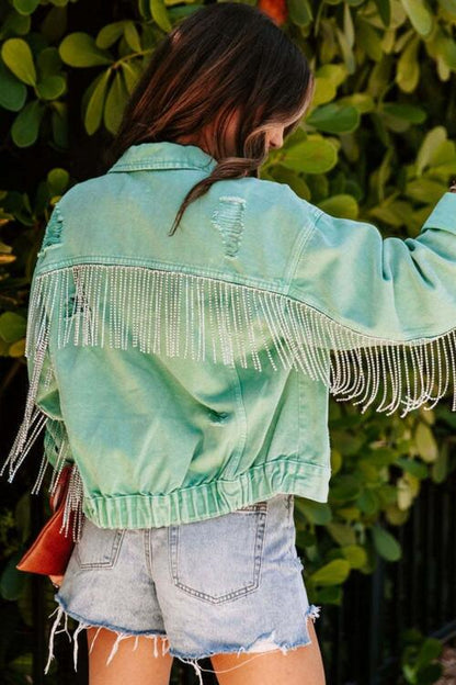 Fringed Chain Raw Hem Distressed Jacket | AdoreStarr