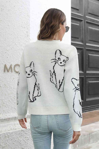 Cat Pattern Round Neck Pullover Sweater | AdoreStarr