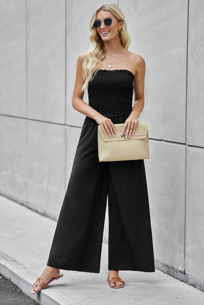 Straight Neck Smocked Jumpsuit - Black