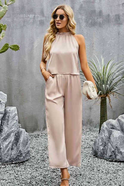 Grecian Neck Sleeveless Pocketed Top and Pants Set | AdoreStarr