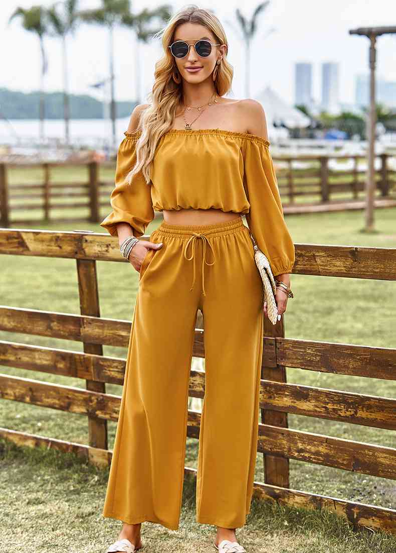 Off-Shoulder Blouse and Drawstring Waist Pants Set | AdoreStarr