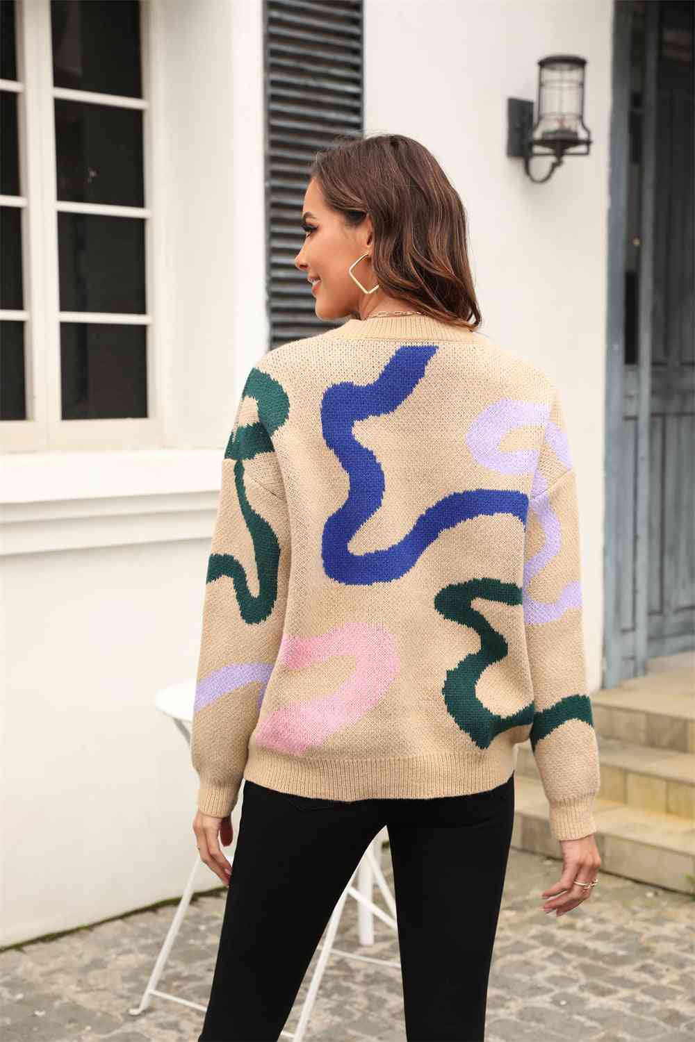Printed Round Neck Dropped Shoulder Pullover Sweater | AdoreStarr