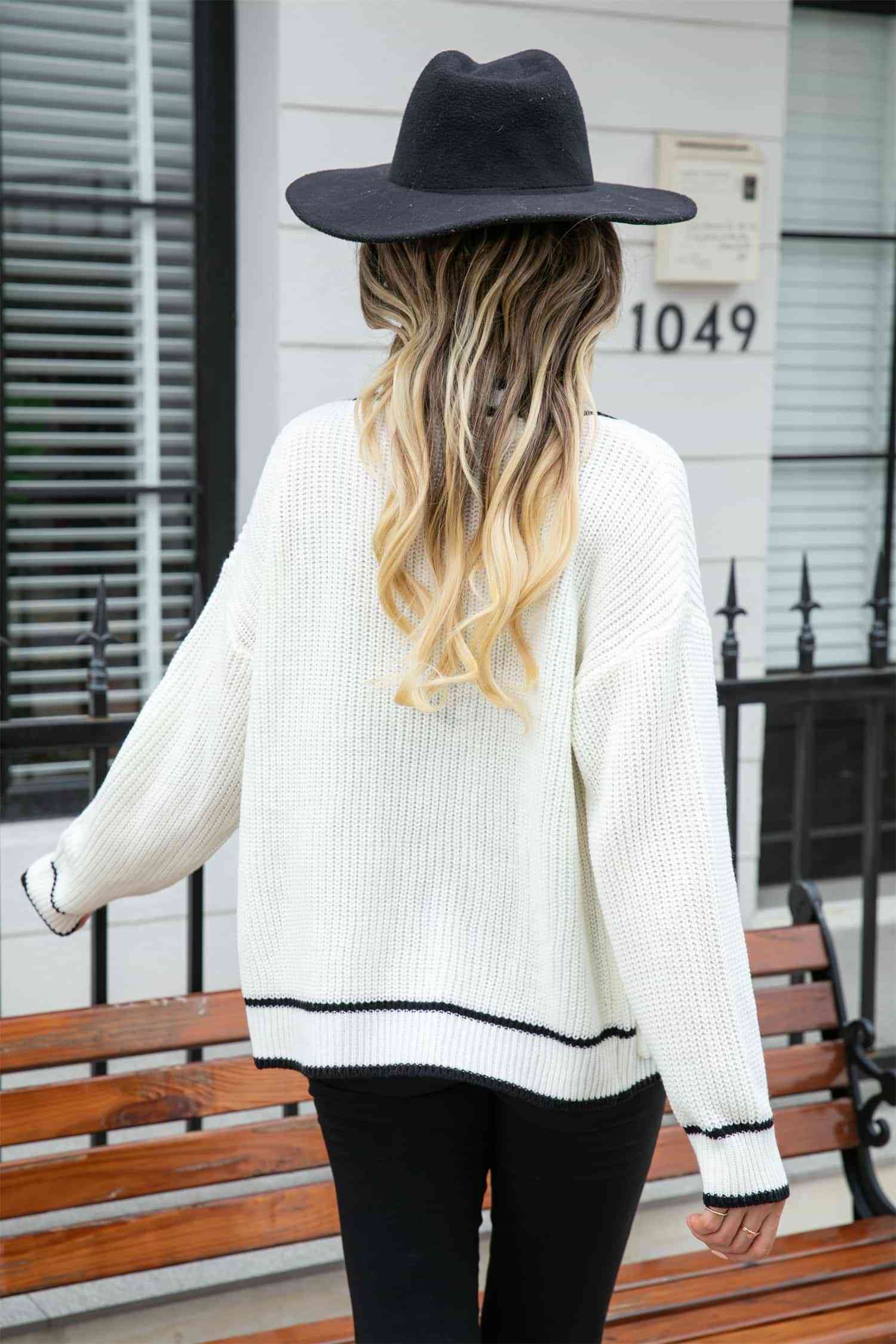 Waffle Knit V-Neck Cardigan with Pockets - White