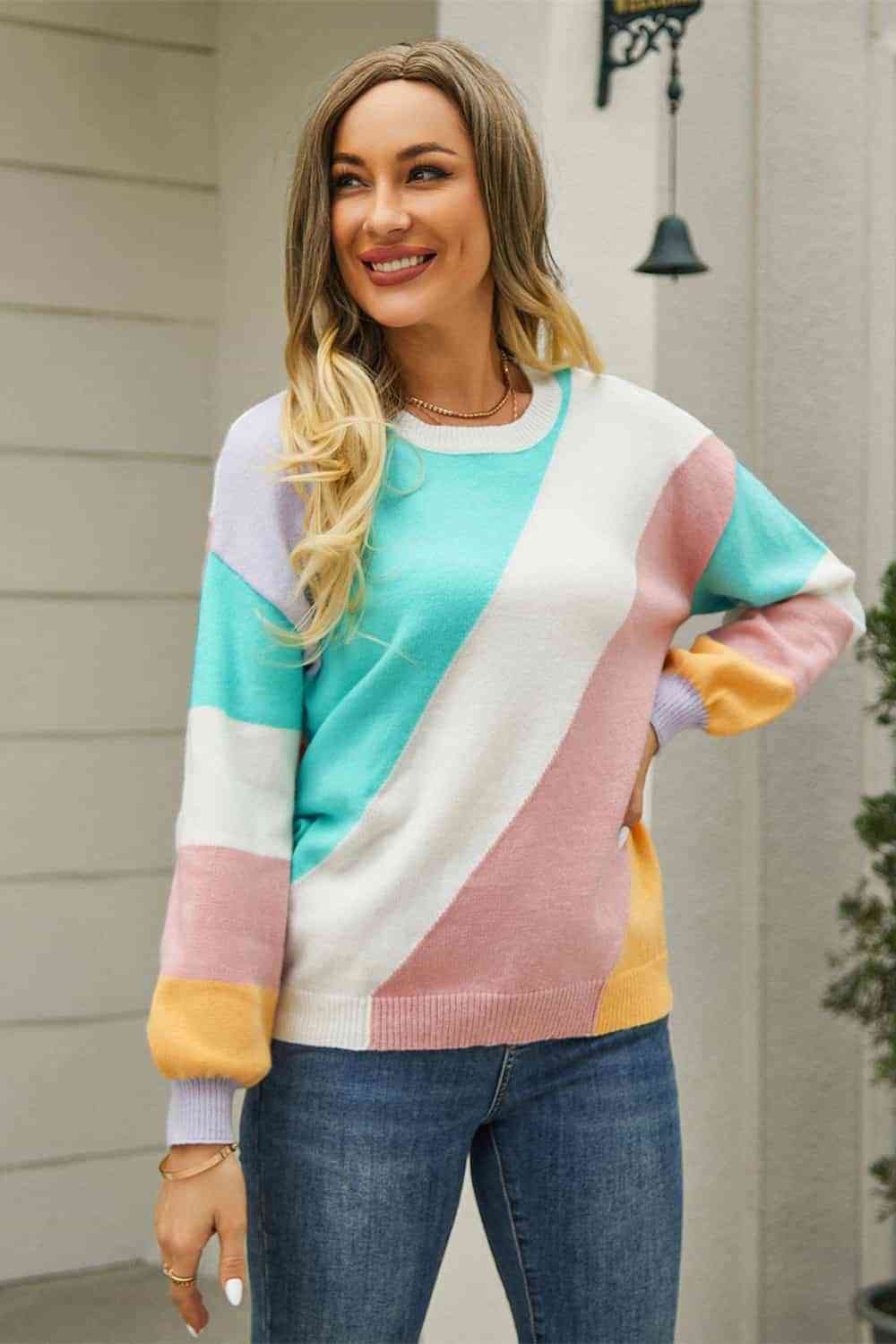 Color Block Round Neck Long Sleeve Sweater | AdoreStarr