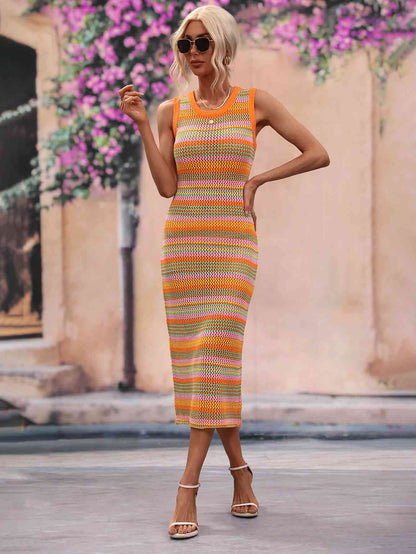 Striped Sleeveless Midi Cover-Up Dress - Orange