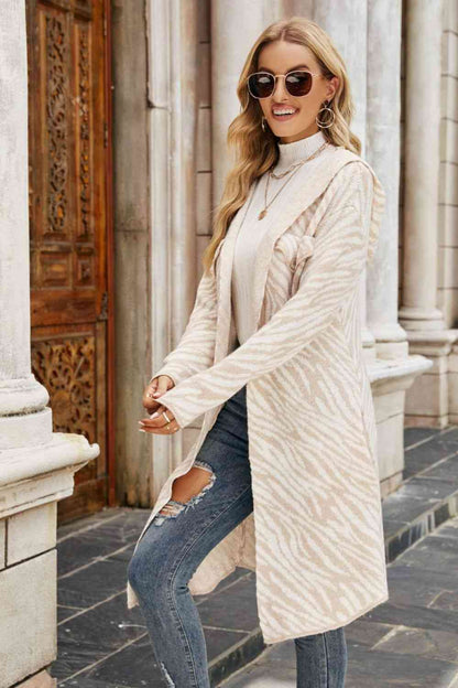 Open Front Hooded Longline Cardigan - Beige