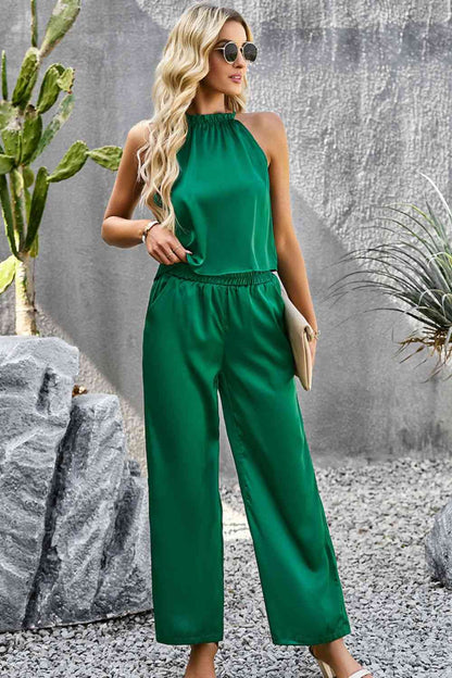 Grecian Neck Sleeveless Pocketed Top and Pants Set | AdoreStarr