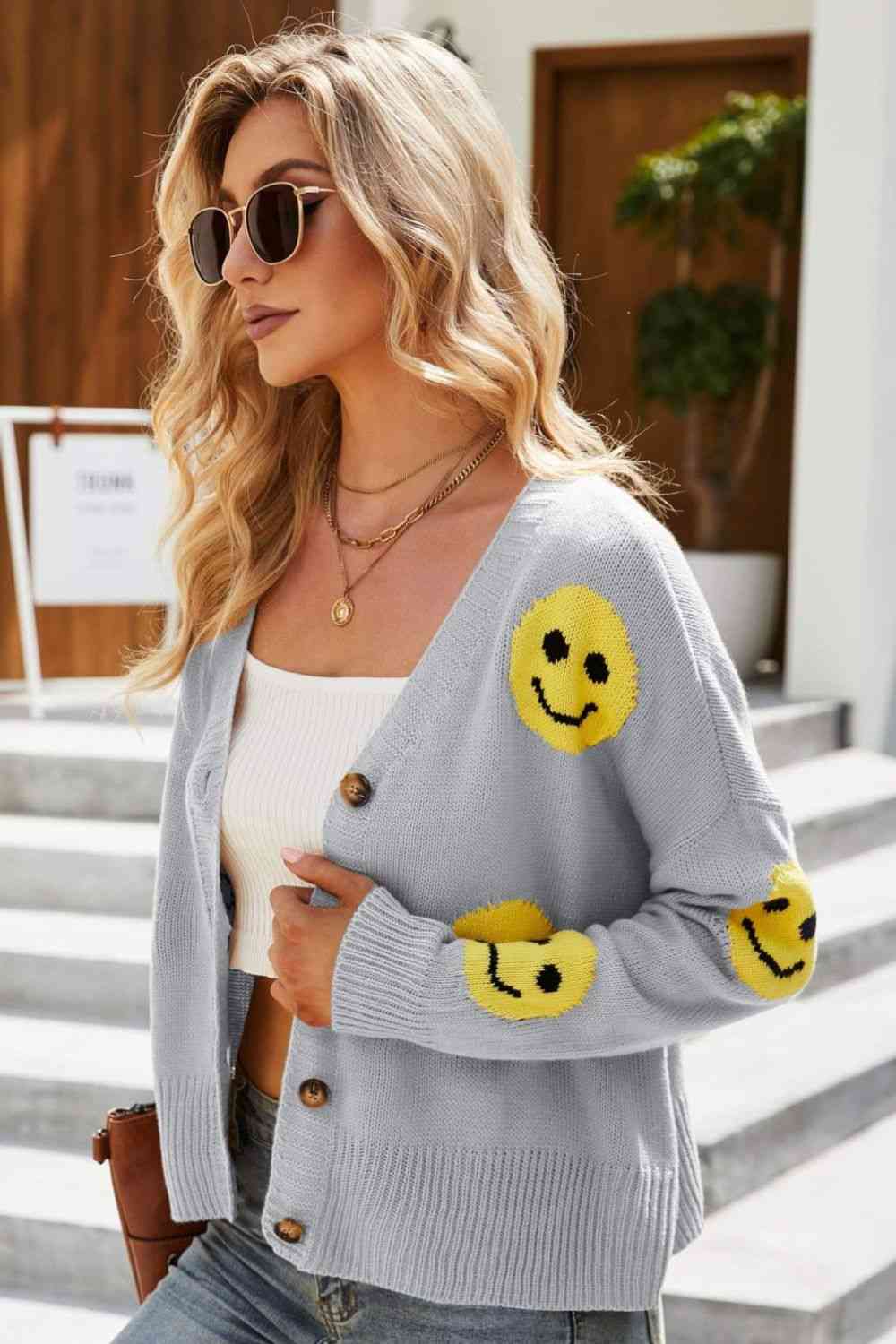 Smiley Face Ribbed Trim Cardigan | AdoreStarr