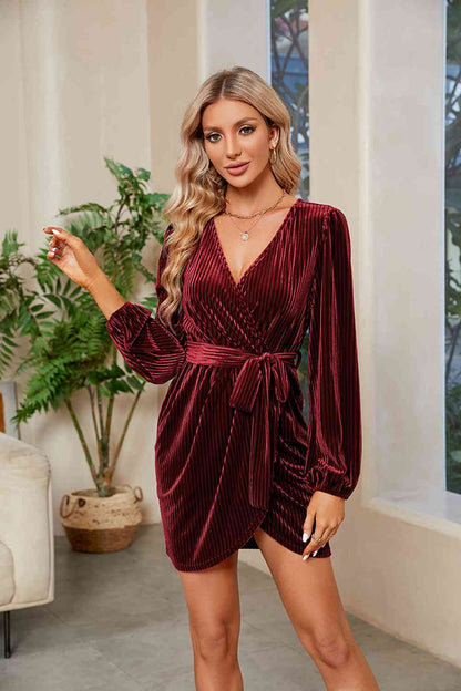 Ribbed Tie Front Mini Dress - Wine