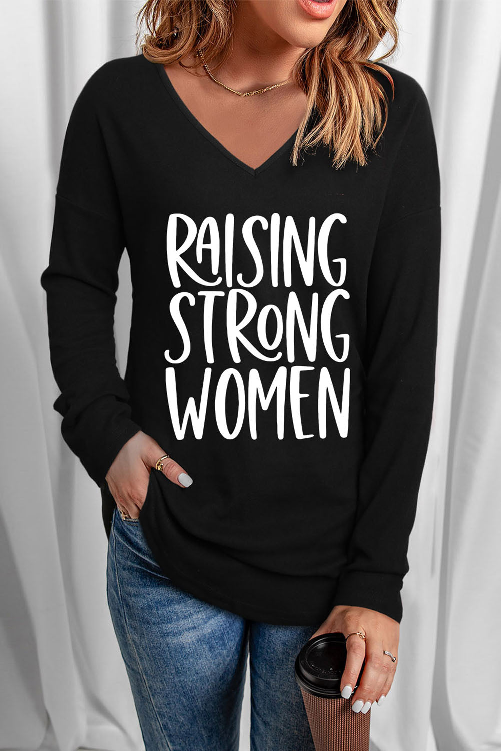 RAISING STRONG WOMEN Graphic V-Neck Top | AdoreStarr