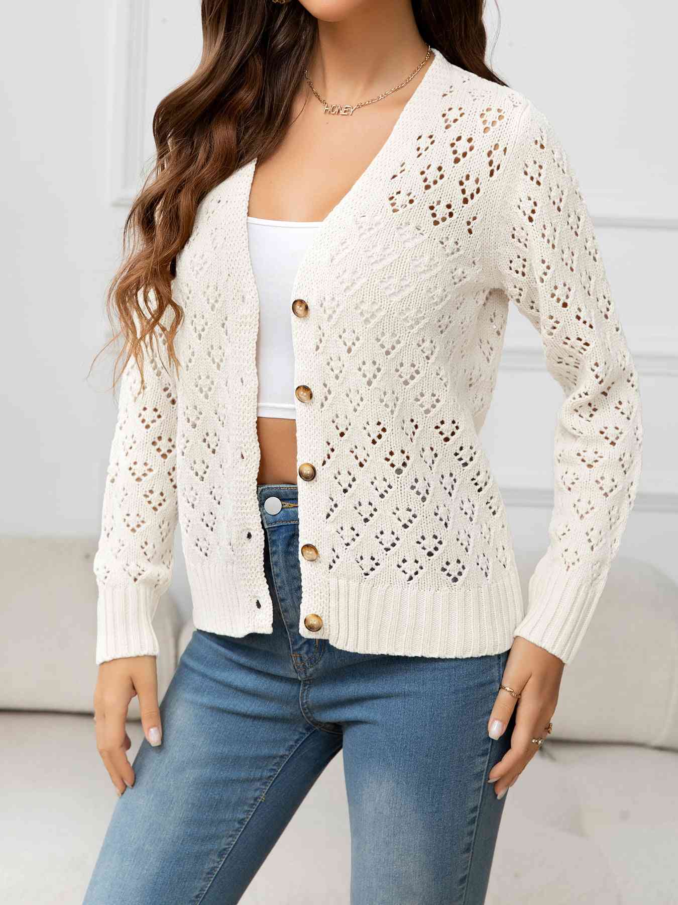 Openwork V-Neck Buttoned Knit Top | AdoreStarr