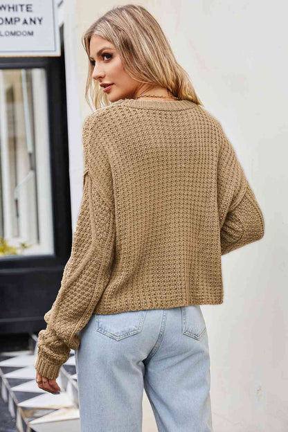 Cable-Knit Round Neck Dropped Shoulder Sweater | AdoreStarr