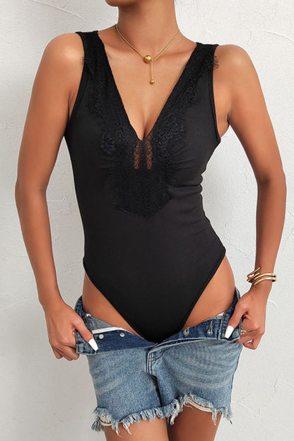 Spliced Lace Deep V Sleeveless Bodysuit | AdoreStarr