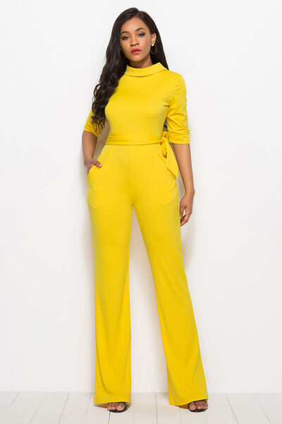 Mock Neck Tie-Waist Half Sleeve Jumpsuit | AdoreStarr