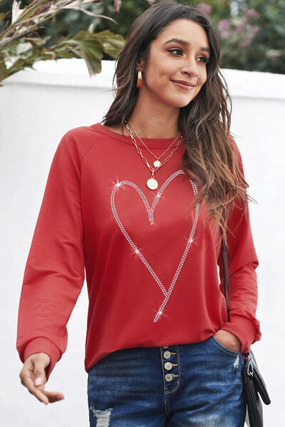 Heart Round Neck Long Sleeve Sweatshirt | AdoreStarr