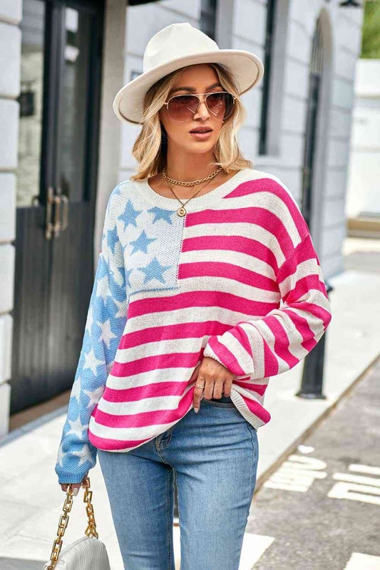 Round Neck US Flag Dropped Shoulder Sweater | AdoreStarr