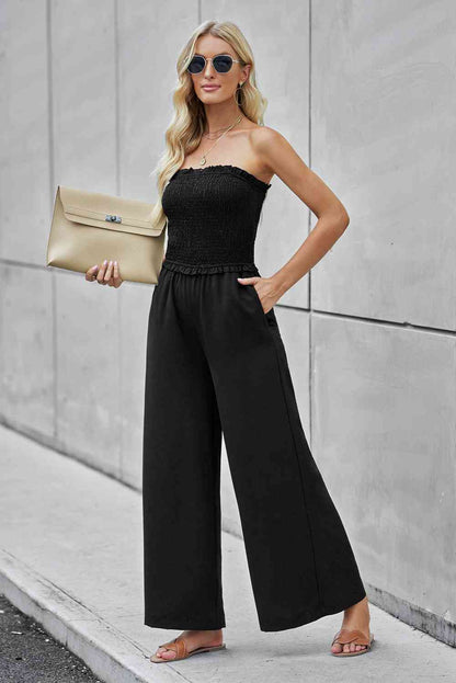 Straight Neck Smocked Jumpsuit - Black