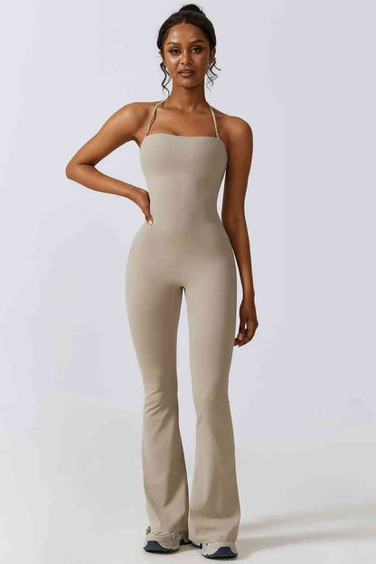 Halter Neck Flare Sport Jumpsuit | AdoreStarr