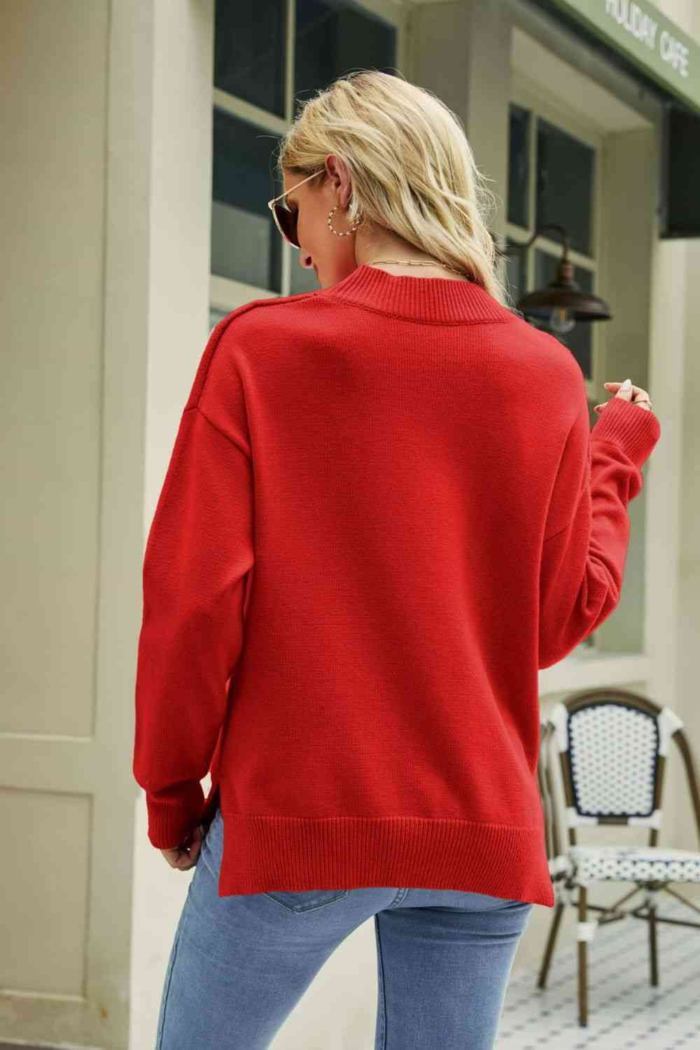 Lip Graphic Slit Dropped Shoulder Sweater - Red