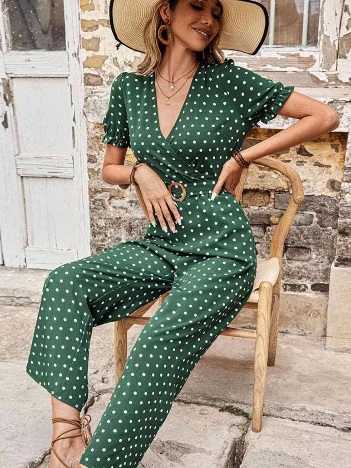 Polka Dot Belted Flounce Sleeve Jumpsuit with Pockets | AdoreStarr