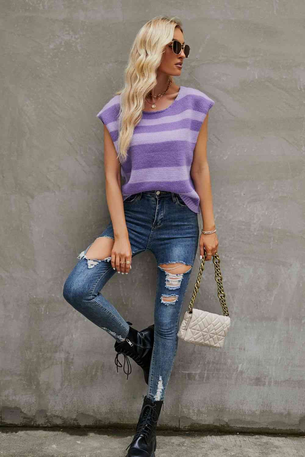 Striped Round Neck Cap Sleeve Knit Top | AdoreStarr