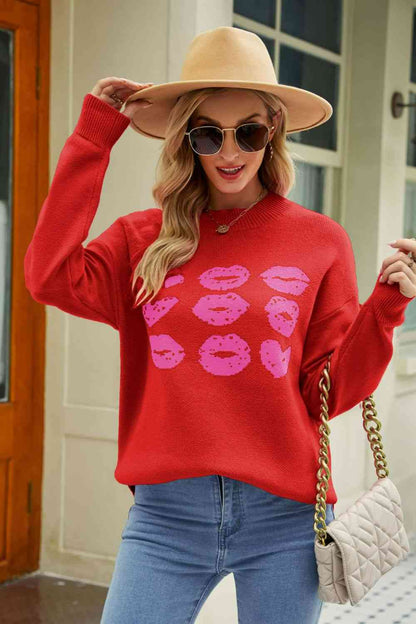 Lip Graphic Slit Dropped Shoulder Sweater - Red