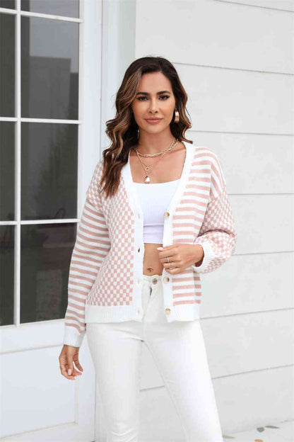 Button-Down Contrast Pattern Cardigan | AdoreStarr