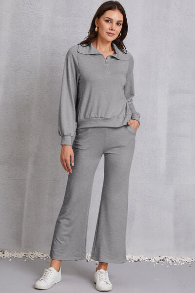 Half Zip Collared Neck Sweatshirt and Pants Set | AdoreStarr