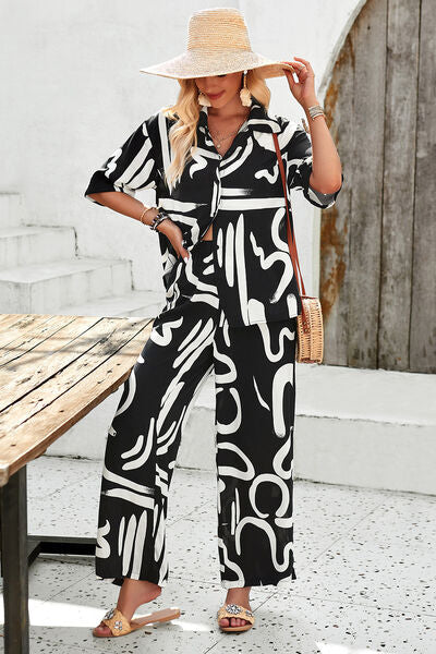 Printed Button Up Shirt and Pants Set | AdoreStarr