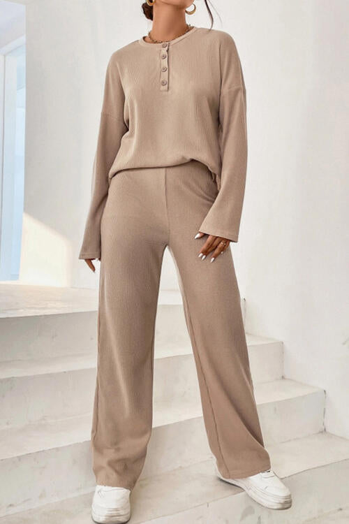 Ribbed Half Button Top and Pants Set | AdoreStarr