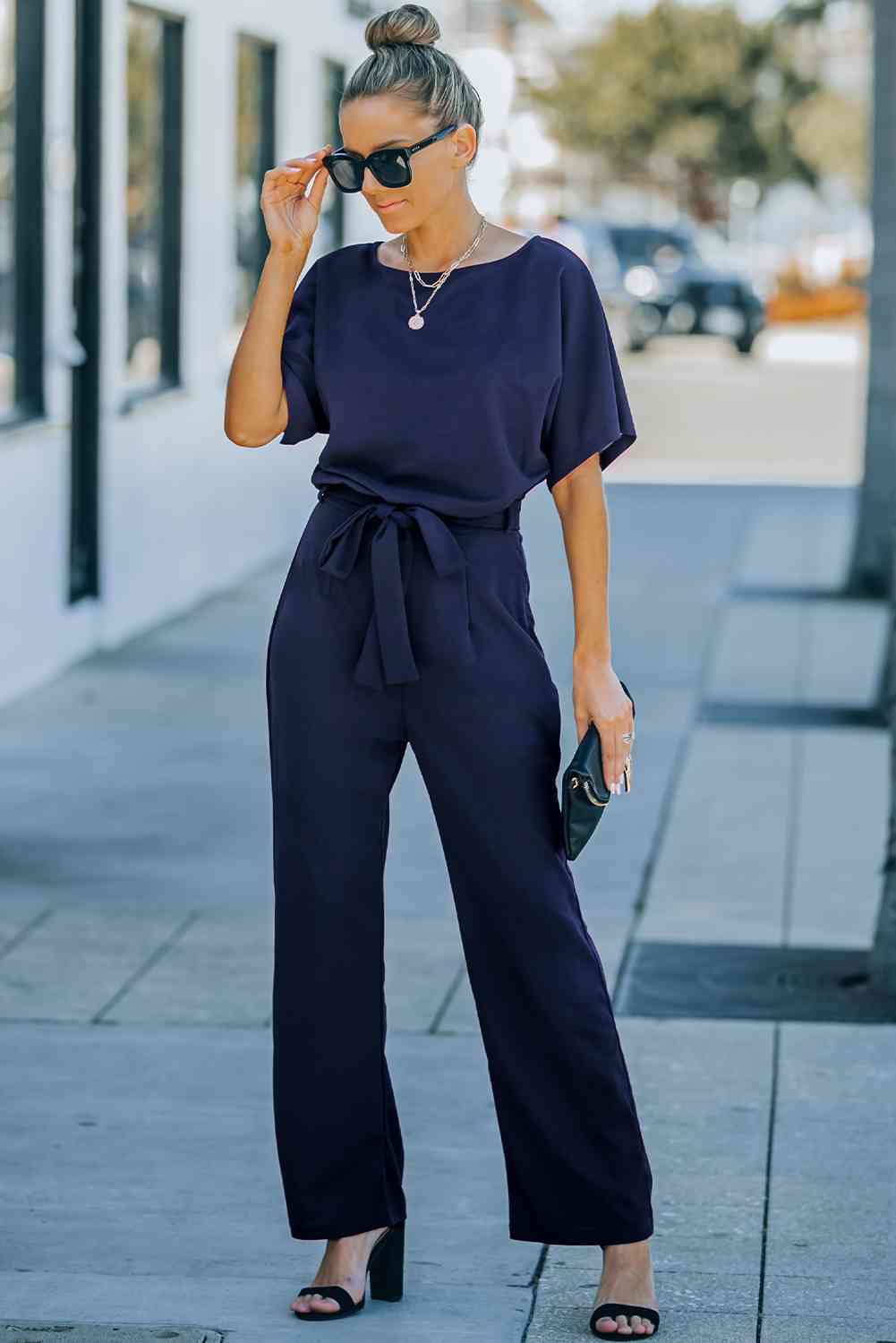 Tie Waist Straight Leg Jumpsuit | AdoreStarr