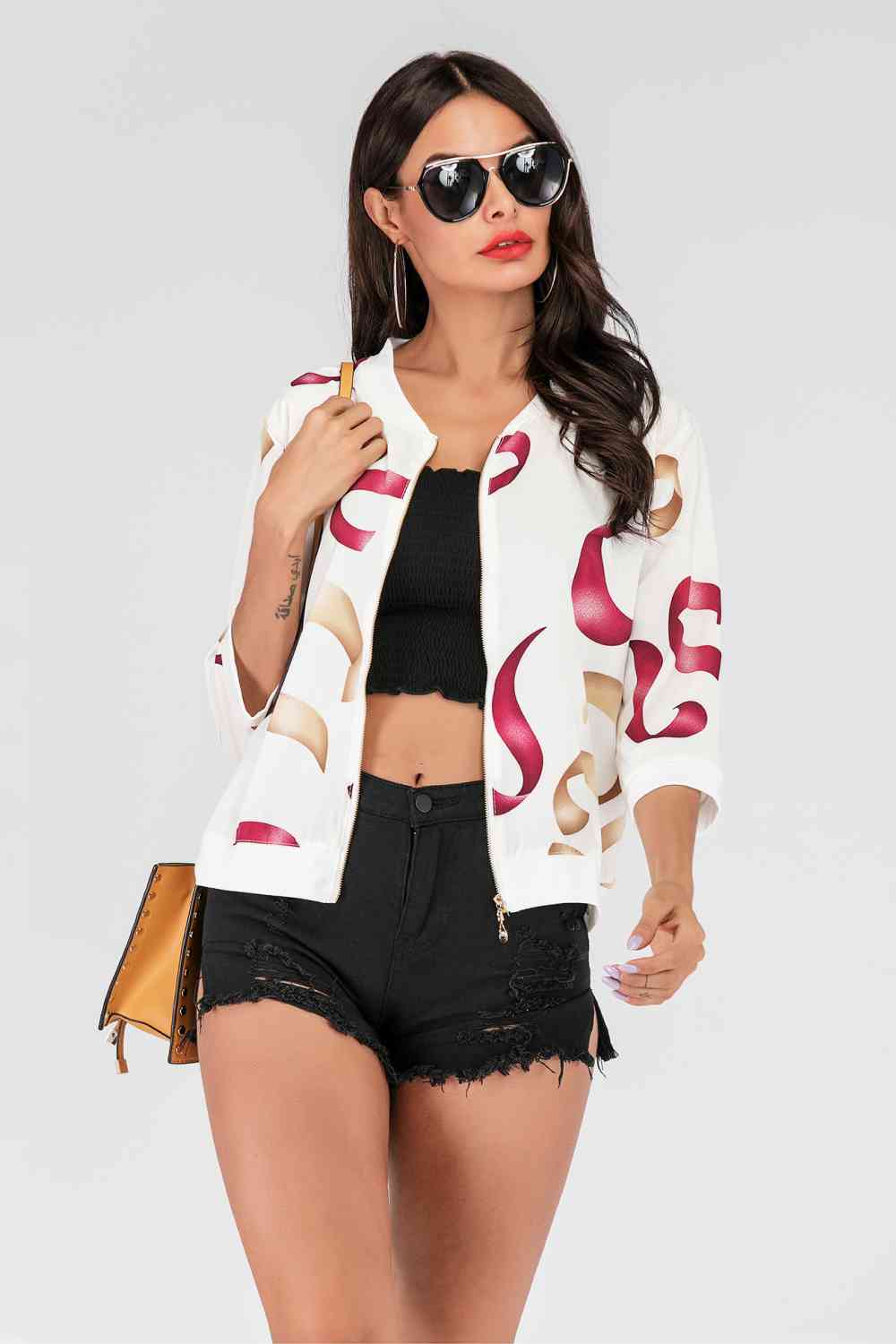 Printed Zip-Up Three-Quarter Sleeve Bomber Jacket | AdoreStarr