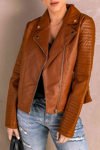 Ribbed Faux Leather Jacket - Brown