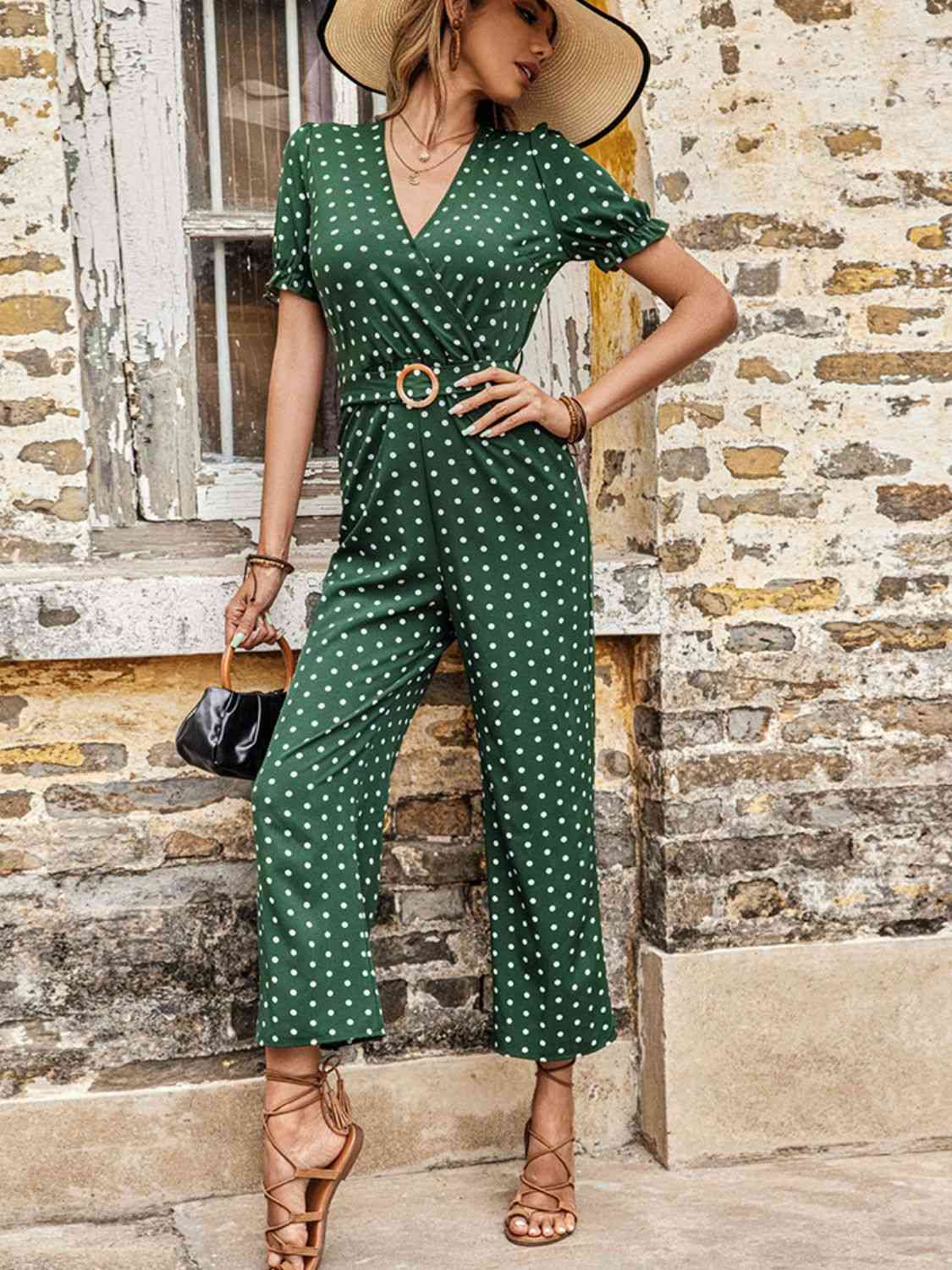 Polka Dot Belted Flounce Sleeve Jumpsuit with Pockets | AdoreStarr