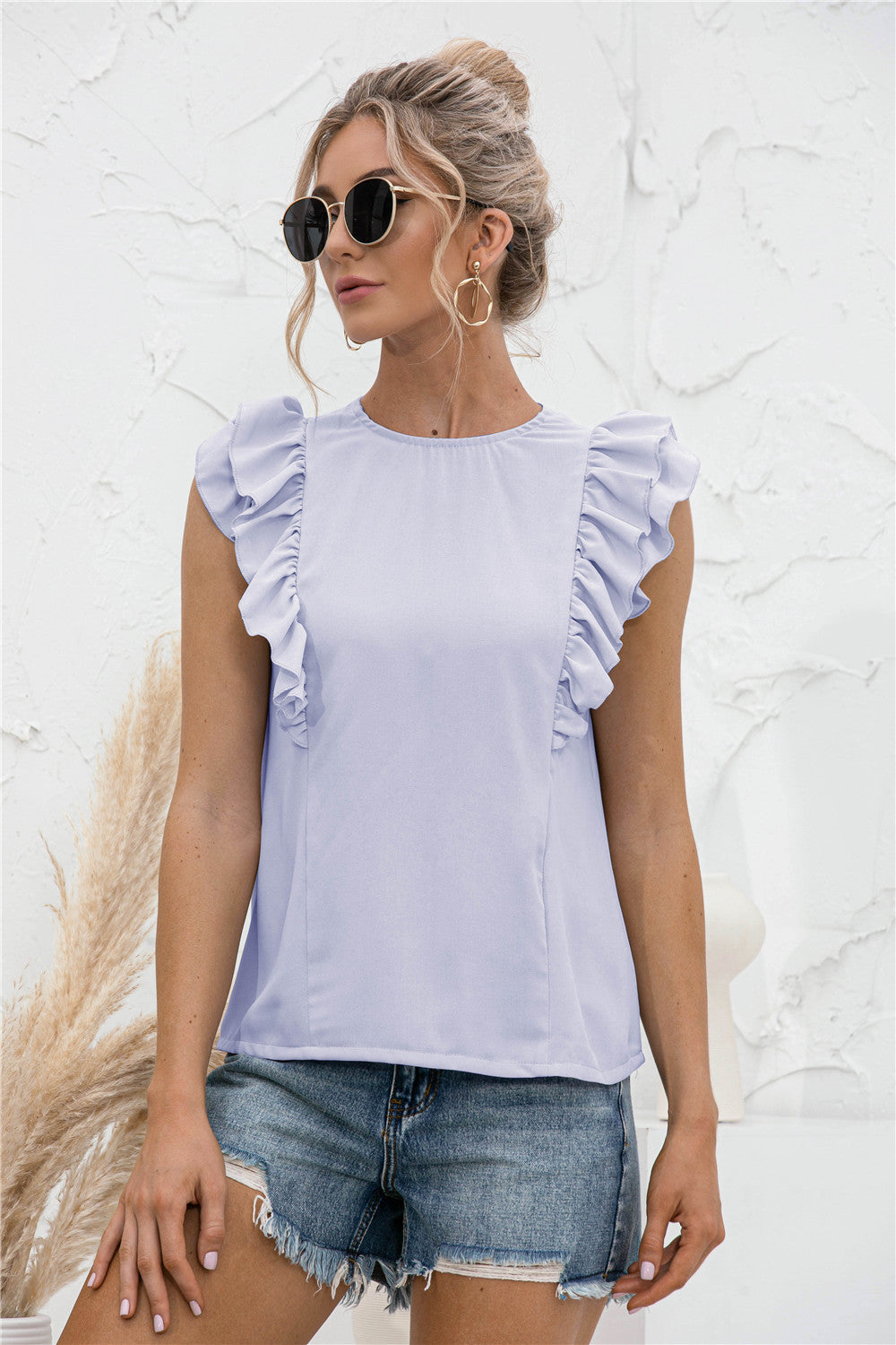 Ruffle Shoulder Tie-Back Crewneck Top | AdoreStarr