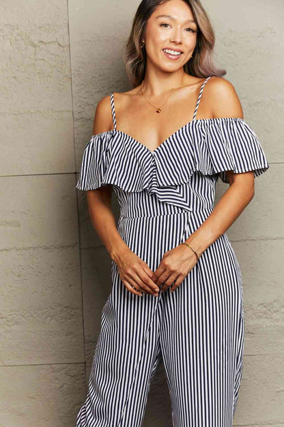 Striped Spaghetti Strap Cold-Shoulder Jumpsuit | AdoreStarr