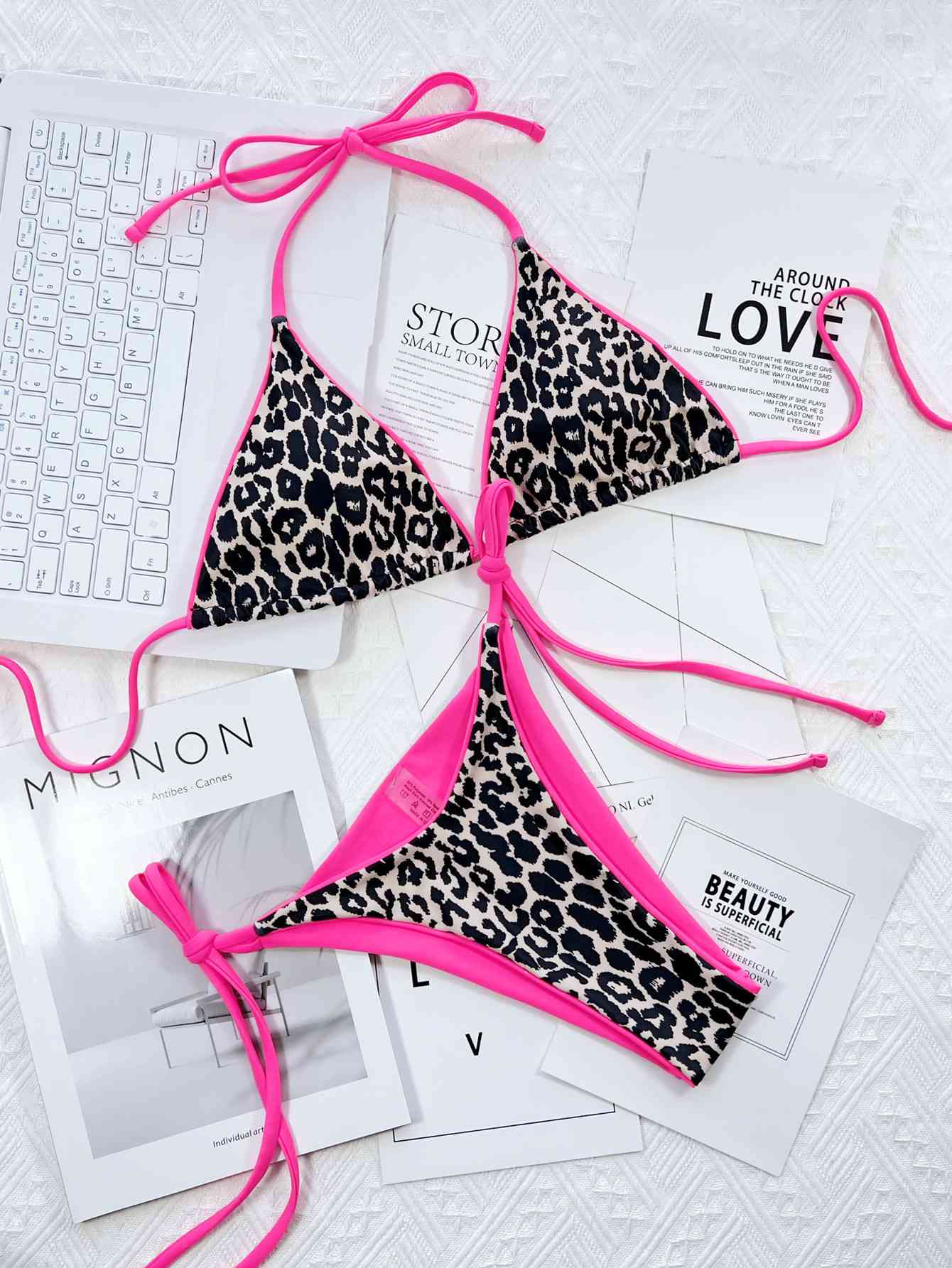 Leopard Print Tie Side Bikini Set - Pink