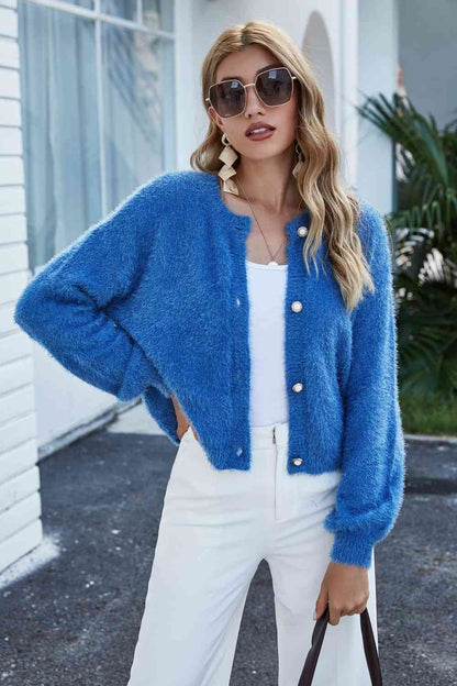 Round Neck Dropped Shoulder Fuzzy Cardigan | AdoreStarr