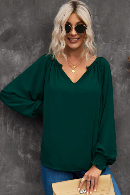 Notched Neck Lantern Sleeve Blouse | AdoreStarr