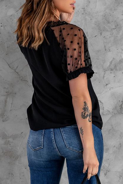 Polka Dot Lace Trim Spliced Mesh Blouse | AdoreStarr