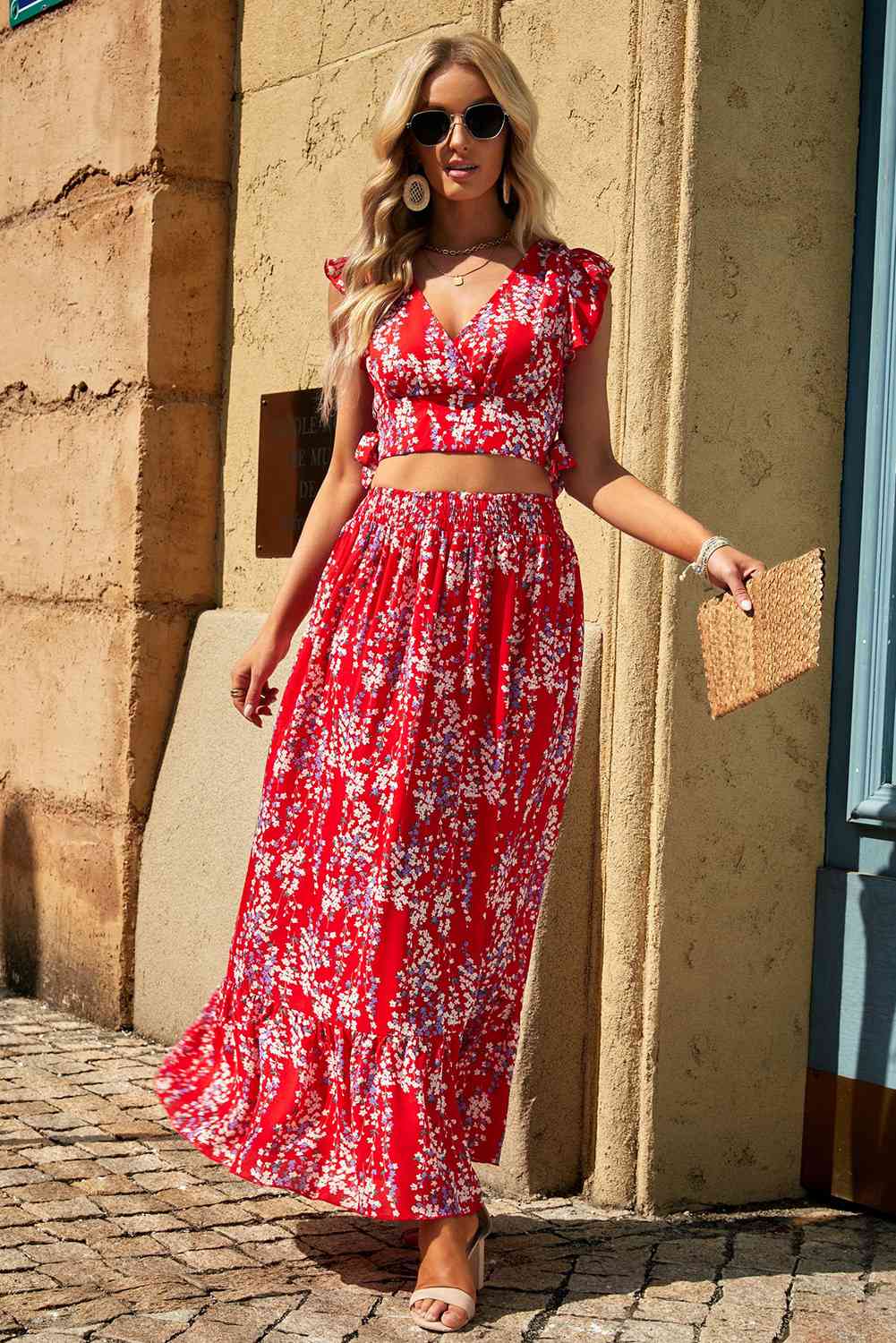 Printed Tie Back Cropped Top and Maxi Skirt Set | AdoreStarr