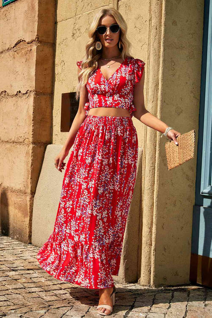 Printed Tie Back Cropped Top and Maxi Skirt Set | AdoreStarr