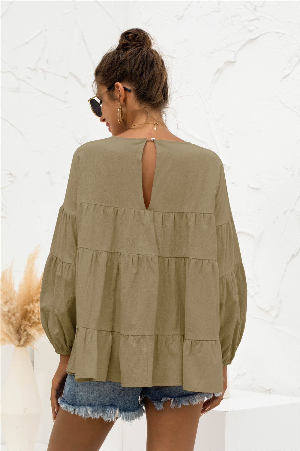 Round Neck Bubble Sleeve Tiered Blouse | AdoreStarr