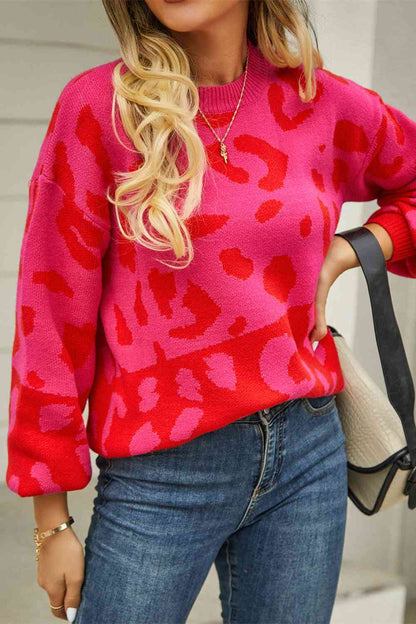 Leopard Round Neck Dropped Shoulder Sweater | AdoreStarr