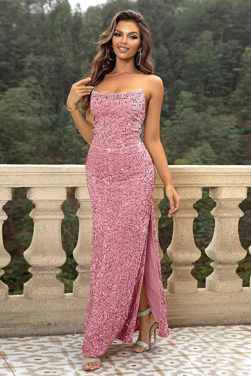 Sequin Backless Split Maxi Dress - Strawberry