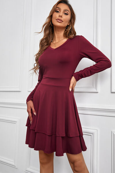 V-Neck Long Sleeve Layered Dress | AdoreStarr