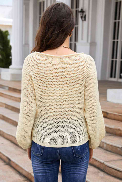 Round Neck Openwork Long Sleeve Knit Top - Sand