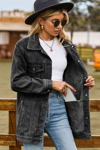 Buttoned Collared Neck Denim Jacket | AdoreStarr